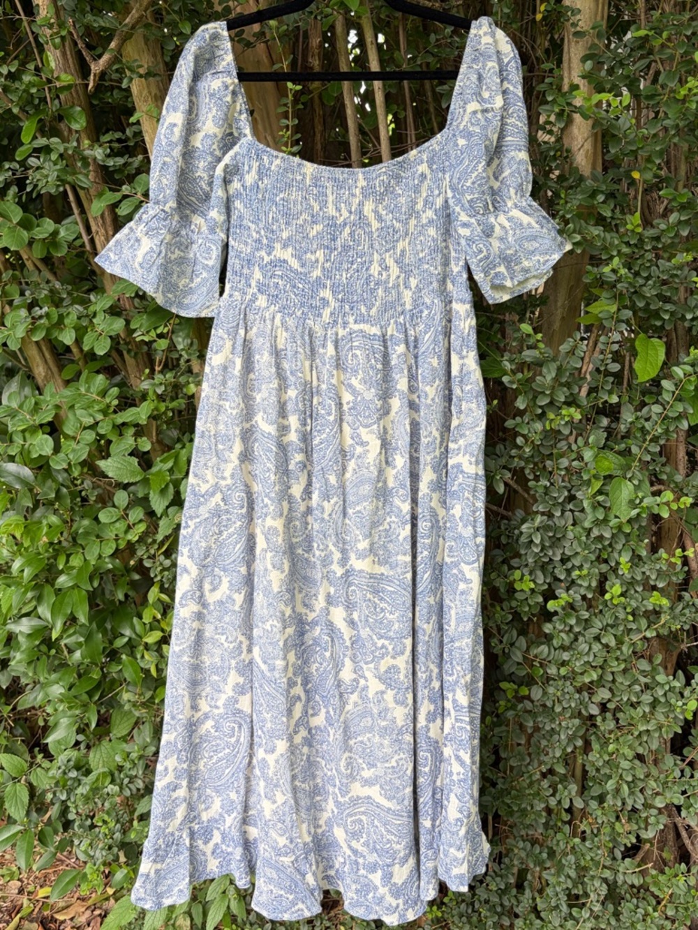 Blue and Cream Paisley Smocked Midi Dress